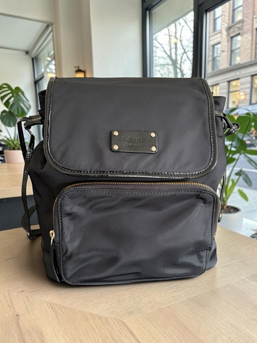 kate spade Black Nylon Small Flap Backpack with Front Pocket